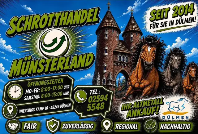 Werbebanner „Schrotthandel Münsterland – Seit 2014 für Sie in Dülmen“ mit Dülmener Wildpferden und Öffnungszeiten
