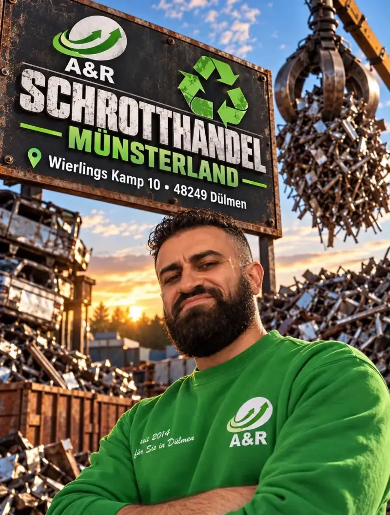 R. El-Lahib, Inhaber von A&R Münsterland, im grünen A&R-Pullover vor dem Firmenschild auf dem Schrottplatz
