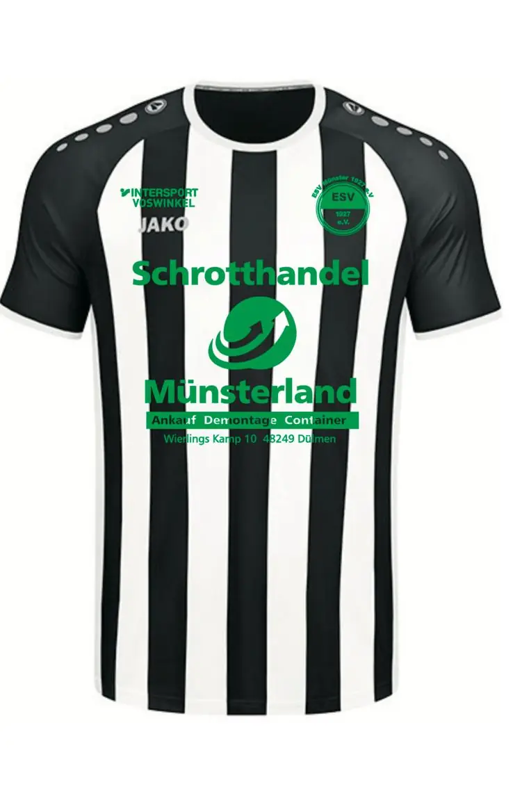 Schwarz-weiß gestreiftes Trikot des ESV Münster 1927 e.V. mit dem Logo von Schrotthandel Münsterland als Trikotsponsor